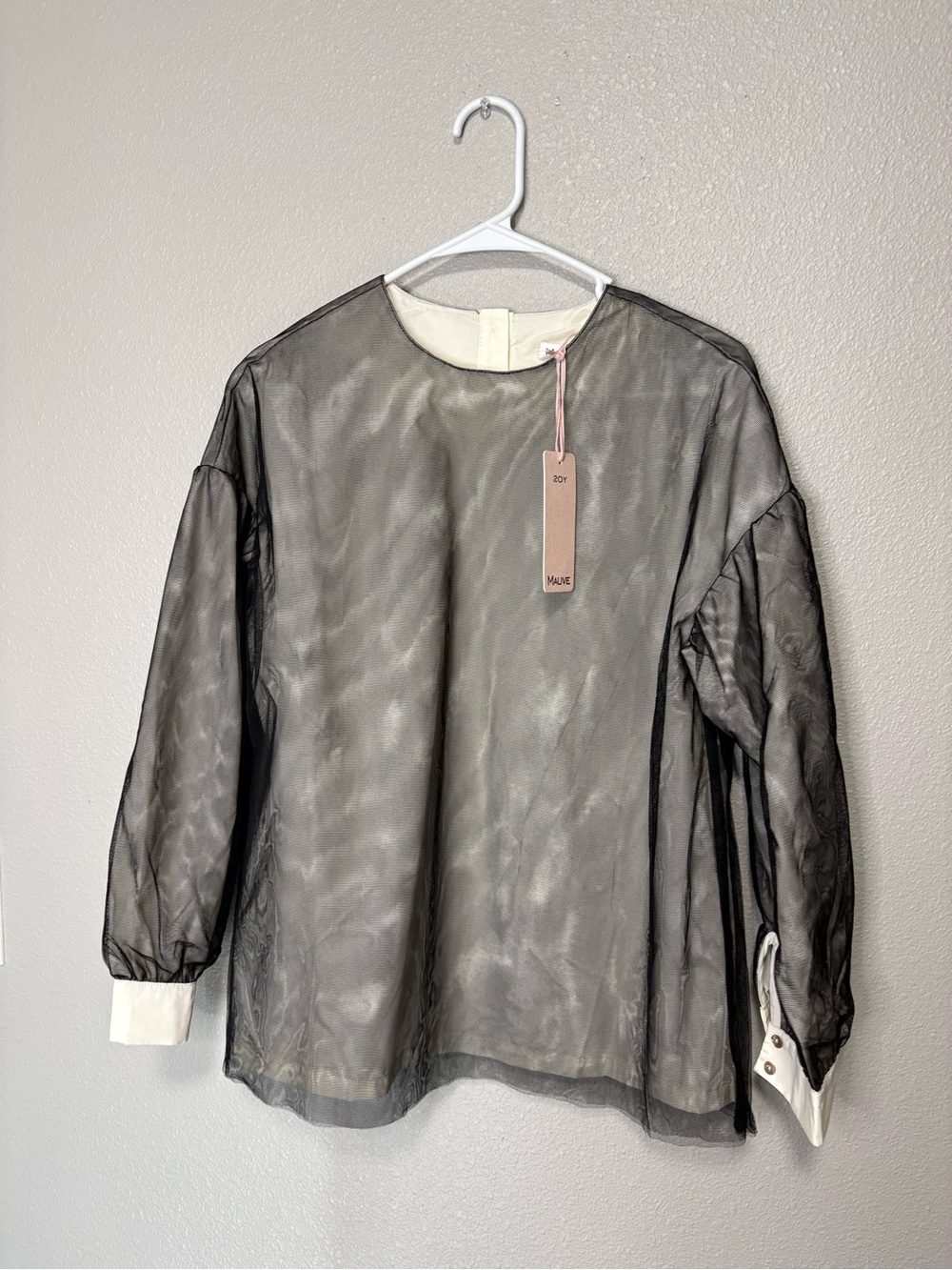 Mauve Sheer Tulle Long Sleeve Blouse Black with White Lining NWT Sz 20Y